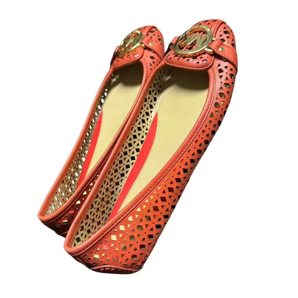 Michael Kors Orange Laser Cut Leather Ballet Flats With Gold MK Logo Womens Size